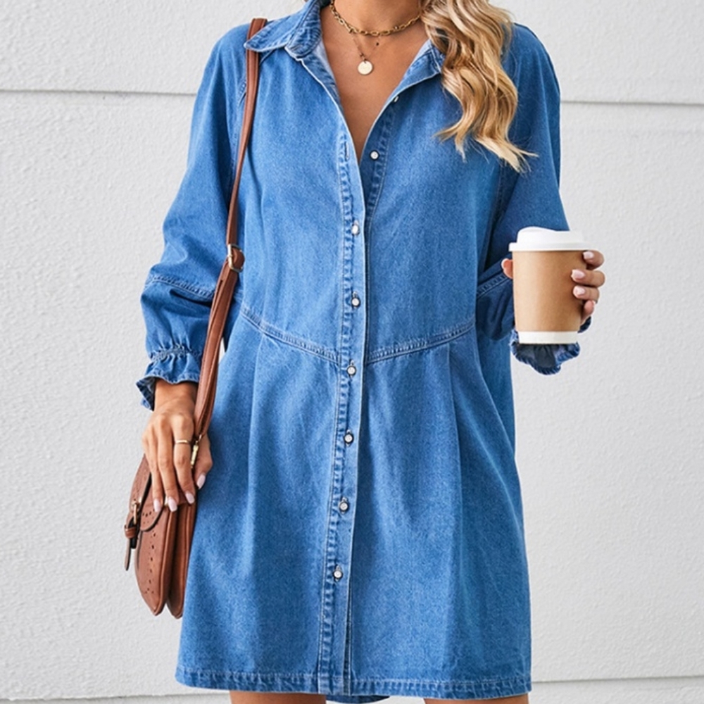 Flounce Dream Mini Denim Dress - Light Blue - Picture 1 of 5